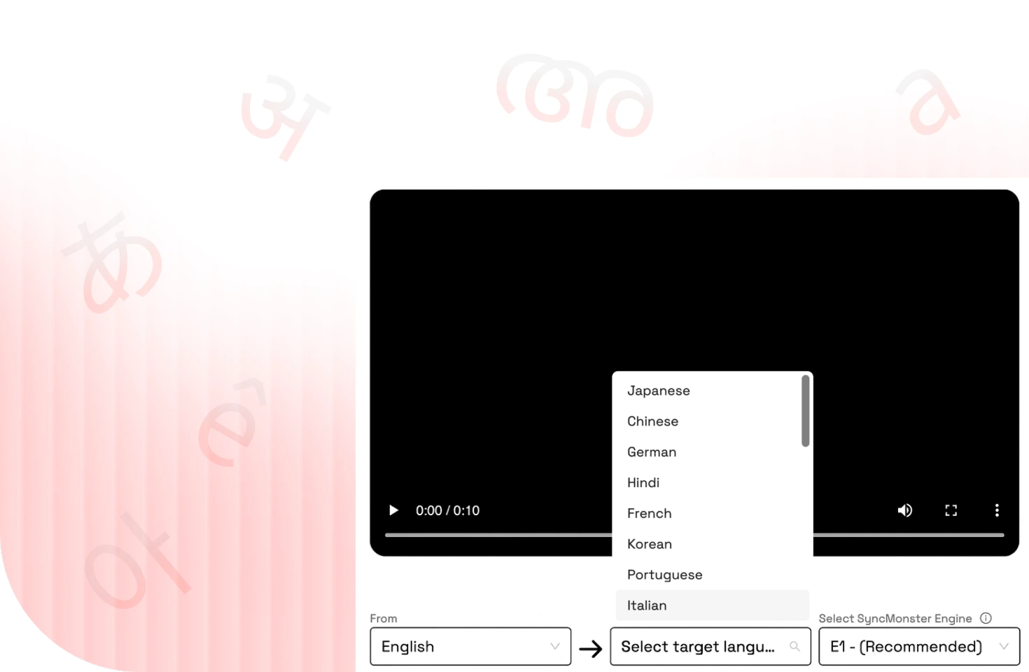 video interface showing selection of multiple target languages for global campaign localization