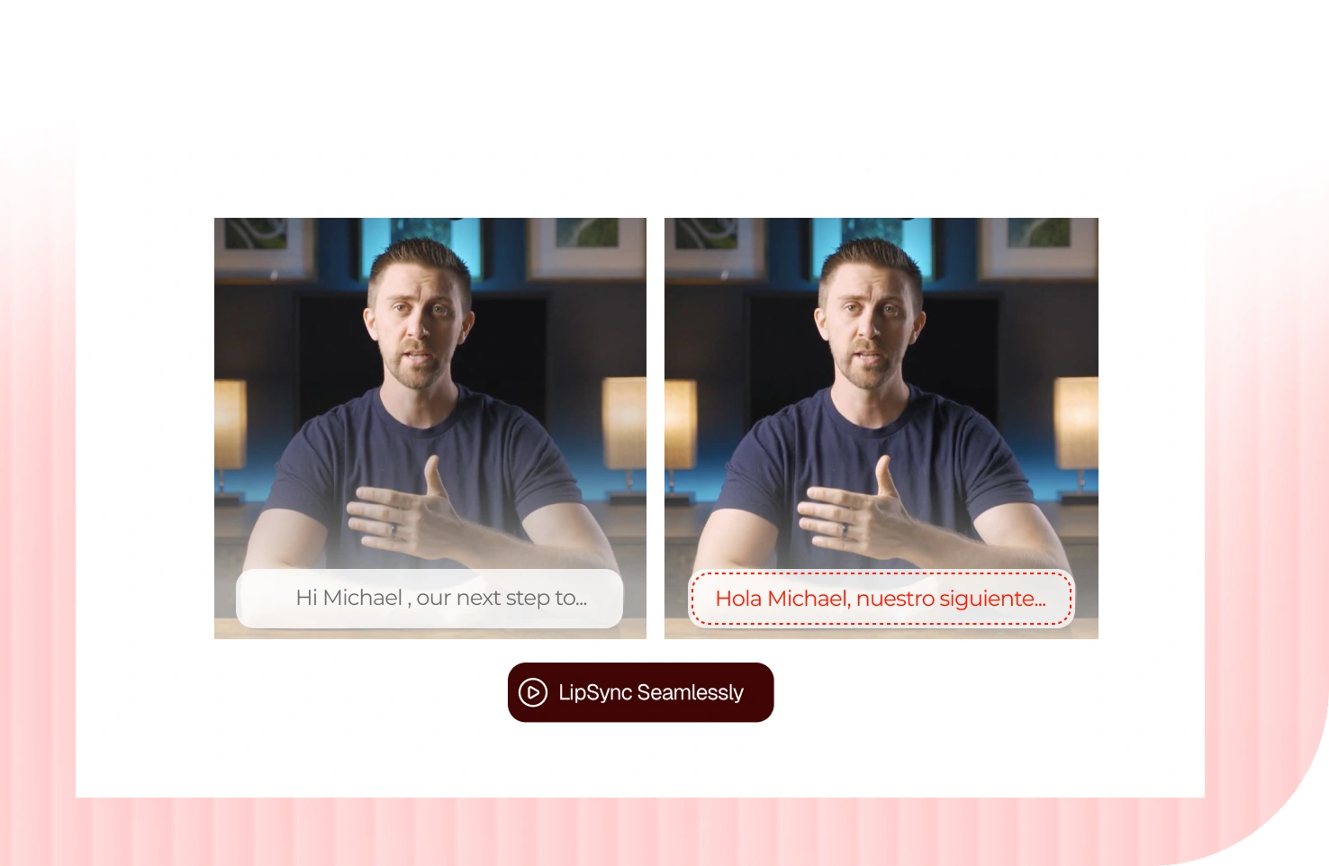 Side-by-side marketing video frames showing original and updated messaging using SyncMonster AI for video repurposing