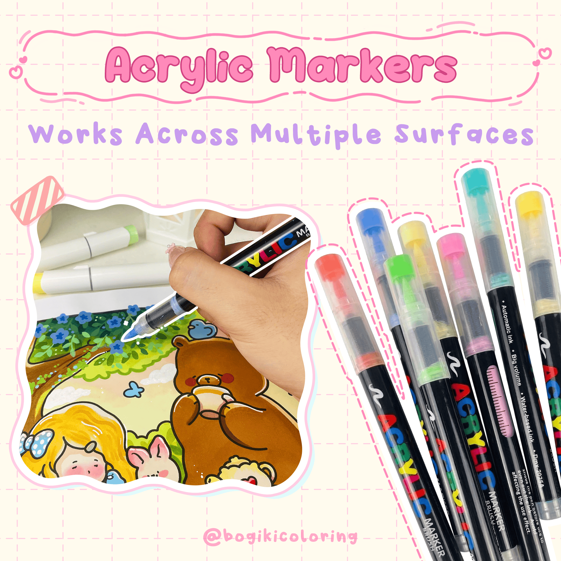 Acrylic markers for adult coloring books on paper, wood, or fabric with bold, opaque colors