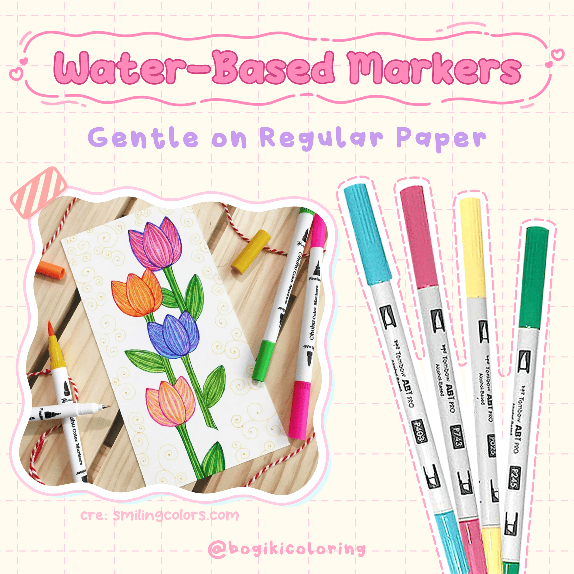 Water-based markers for adult coloring books with soft, buildable color and minimal bleed-through