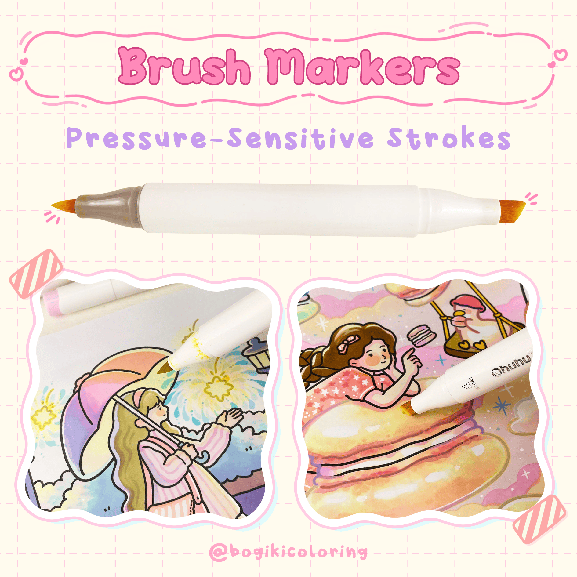 Brush markers for adult coloring books with flexible tips for expressive strokes and shading