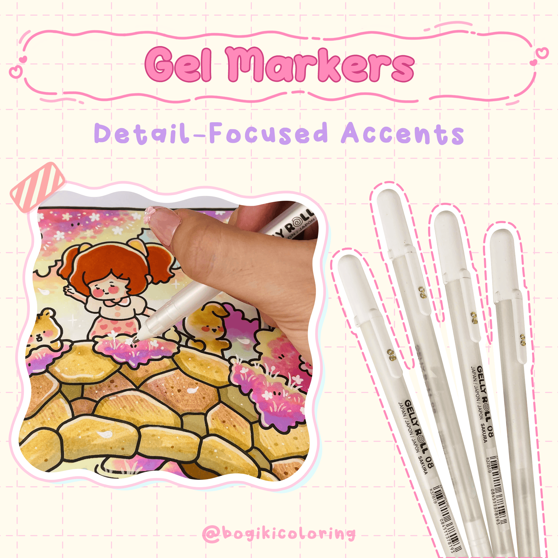 Gel markers for adult coloring books adding metallic, glitter, and decorative highlights