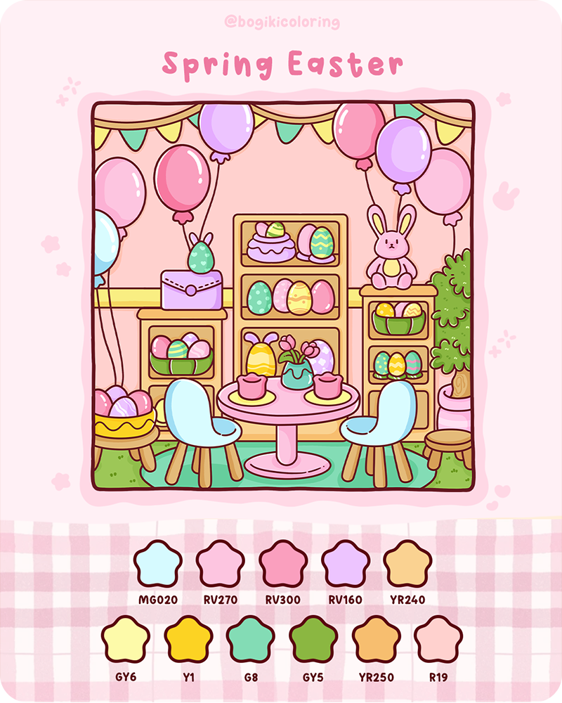 Spring Easter color palette with soft greens, warm yellows, and light pinks for festive adult coloring pages