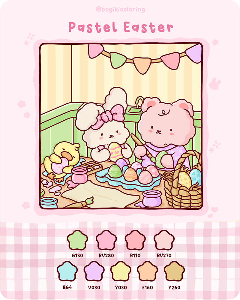 Gentle pastel Easter color palette of soft pinks, greens, creamy yellows, and muted purples for relaxing coloring