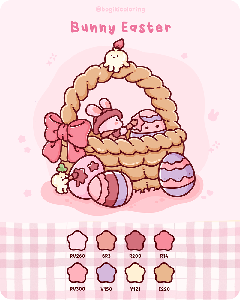 Cozy Bunny Easter color palette with blush pink, cream, and light brown for warm, cute adult coloring illustrations