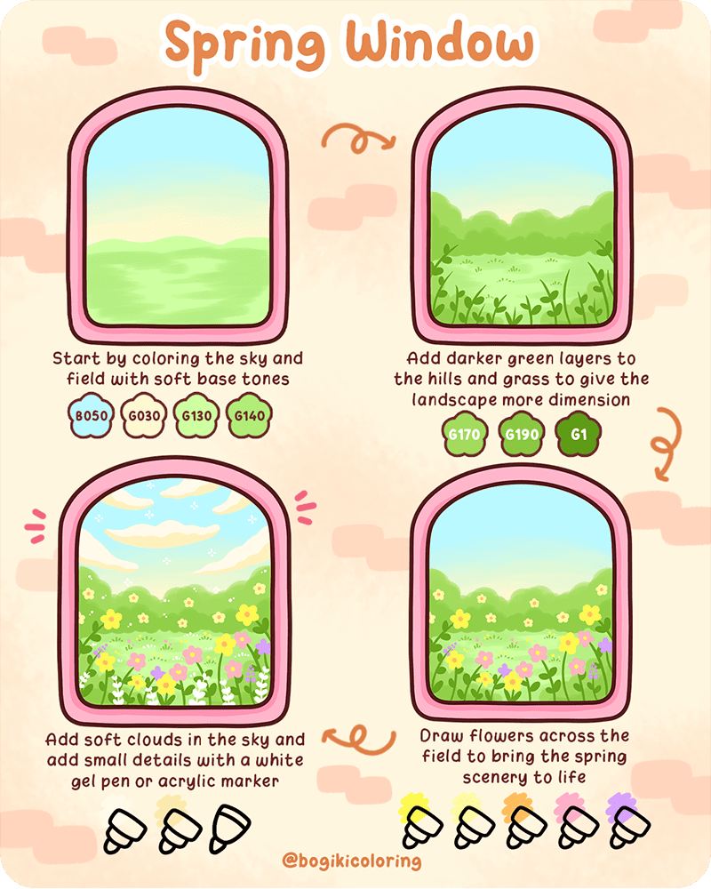 how to color window spring scene with flowers grass and soft sky step by step cozy beginner drawing