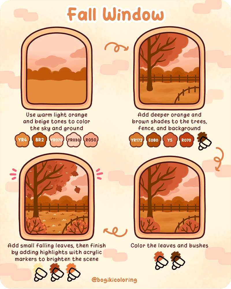 how to color window fall scene with trees leaves and warm tones cozy autumn window drawing tutorial