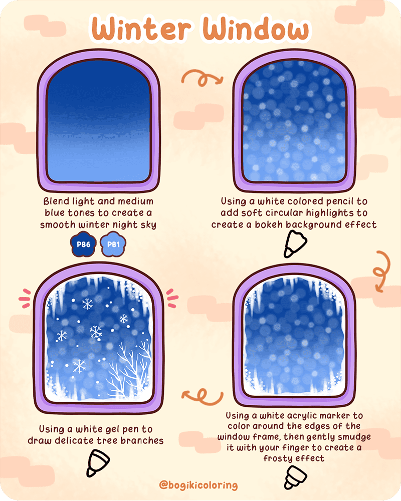how to color window winter night scene with frosty glass soft glow and tree branches easy beginner guide