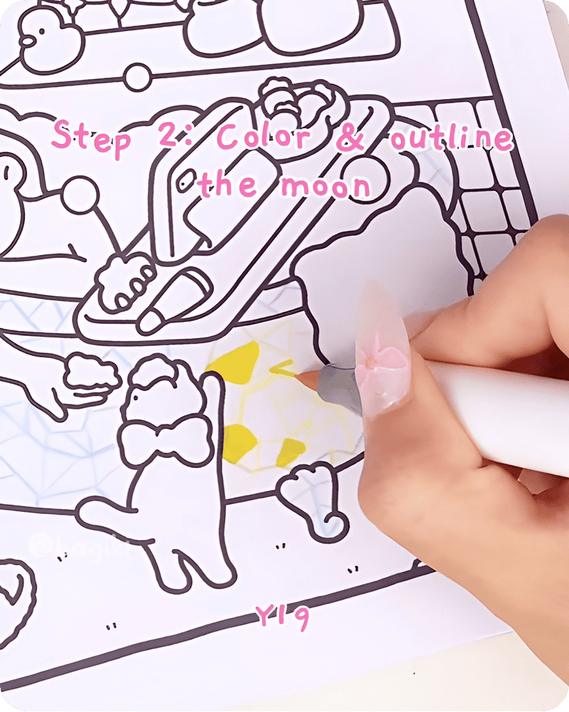 Step 2 image demonstrating how to draw a bathtub step by step easy by coloring mosaic moon with layered yellow shades.