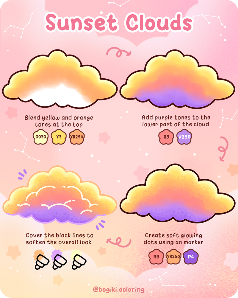 Learn how to draw clouds step by step with sunset colors, blending warm yellow, orange, and purple tones