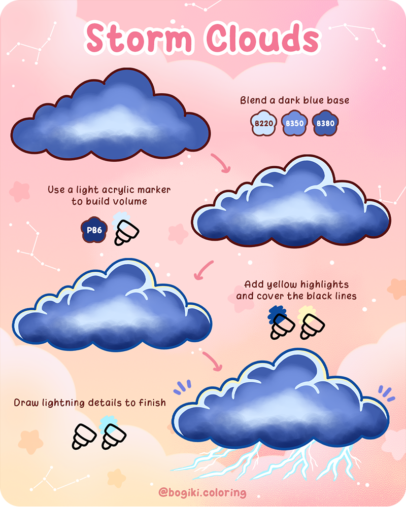 How to draw storm clouds step by step with dark shadows, soft highlights, subtle lightning, and dynamic clouds