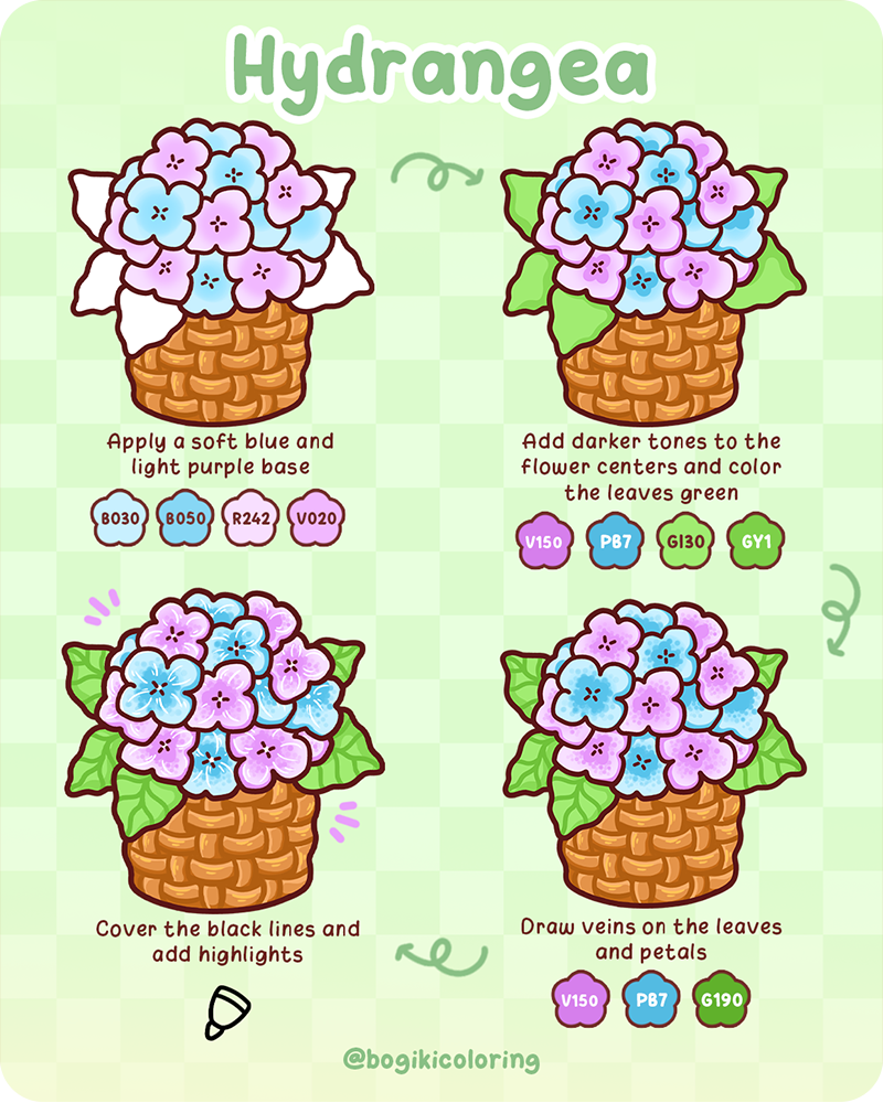 hydrangea flower pot drawing guide step by step showing how to draw a flower pot with hydrangea flowers