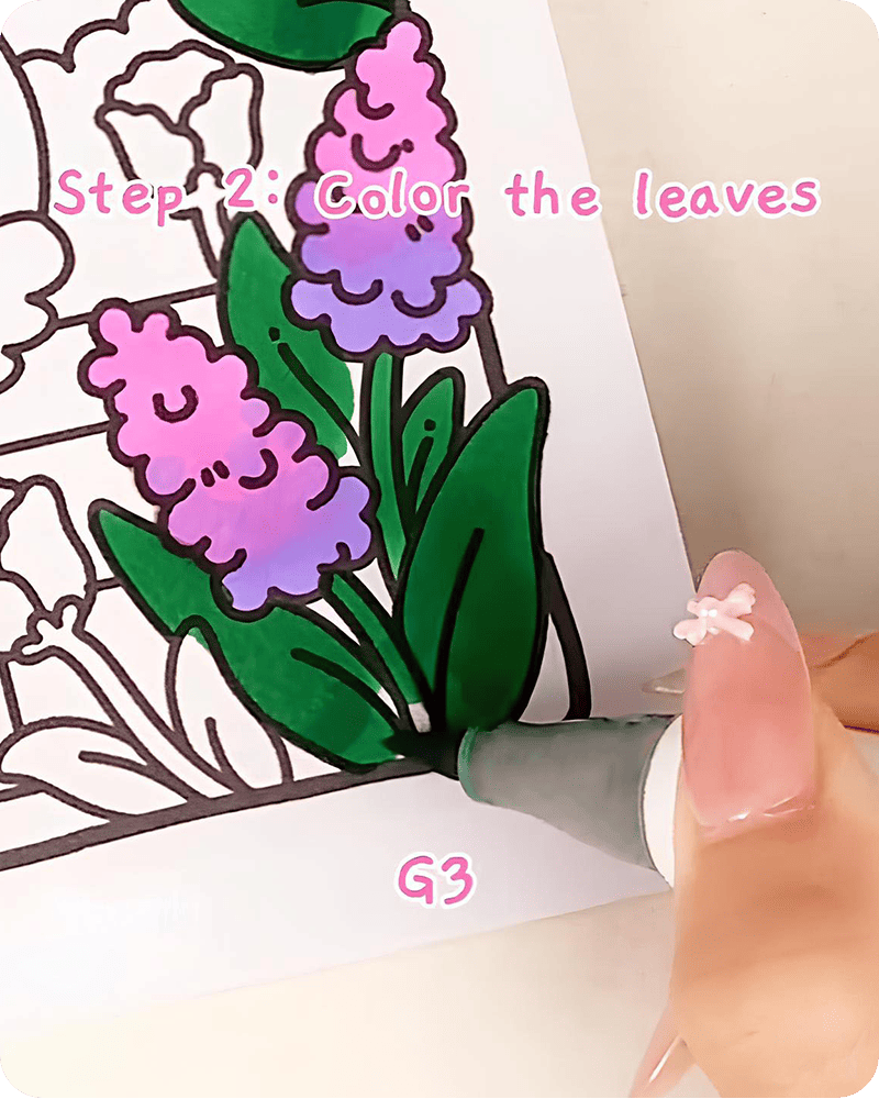 how to draw a hyacinth flower step by step adding darker green G3 shading near bottom leaves for depth effect