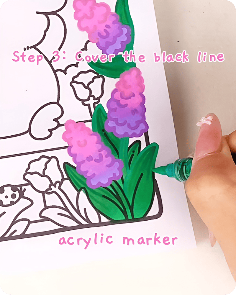 how to draw a hyacinth flower step by step using green acrylic marker to cover leaf outlines softly and cleanly