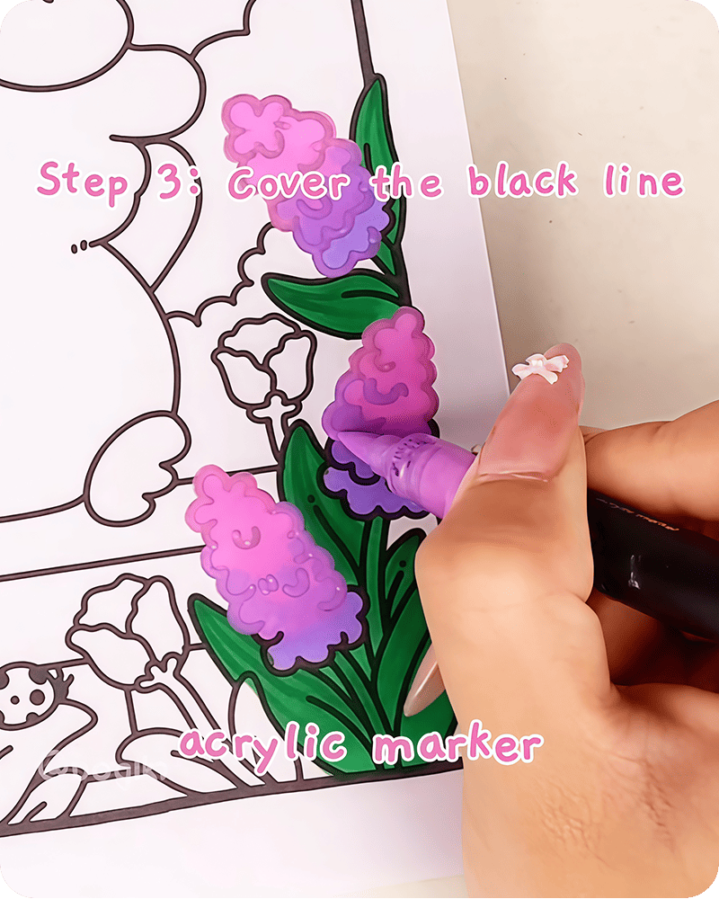 how to draw a hyacinth flower step by step covering black outlines with acrylic markers blending pink to purple