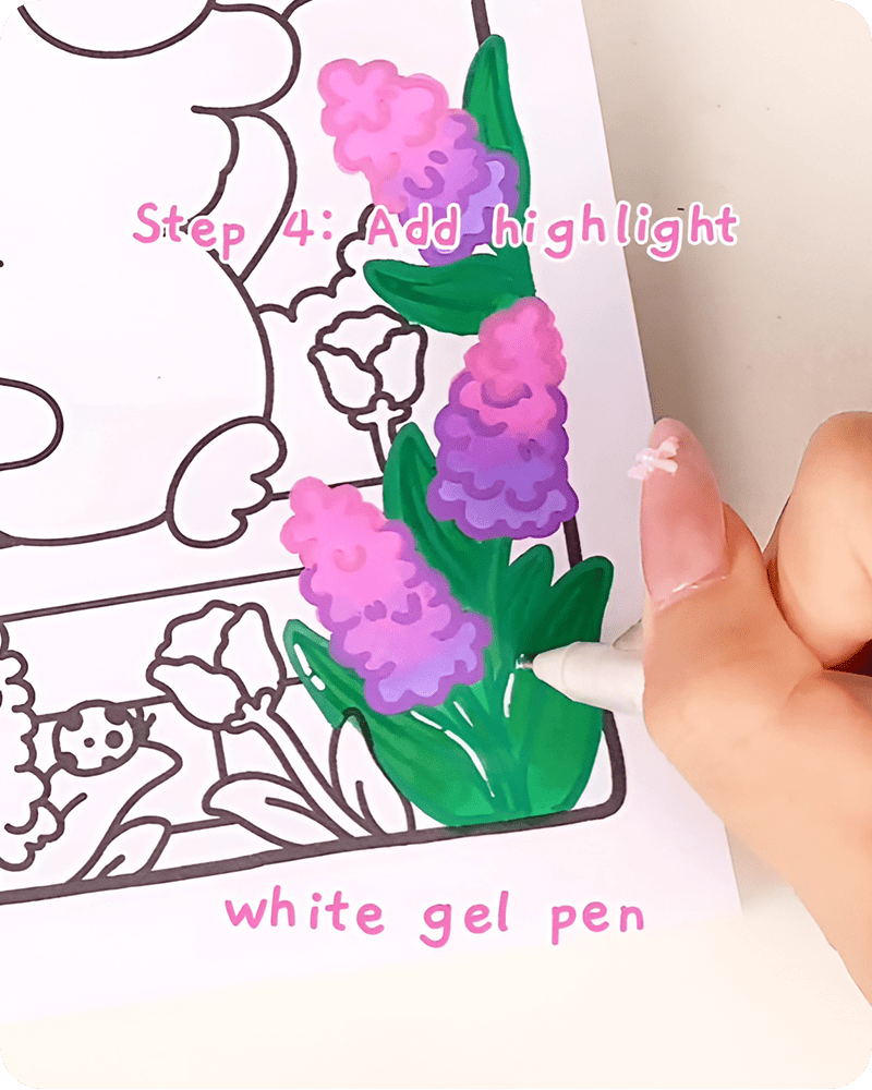 how to draw a hyacinth flower step by step adding white gel pen highlights on leaves for soft light reflection