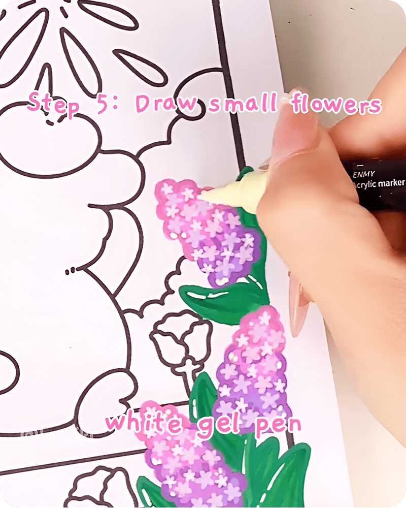 how to draw a hyacinth flower step by step using white gel pen to add tiny flowers and fill empty spaces