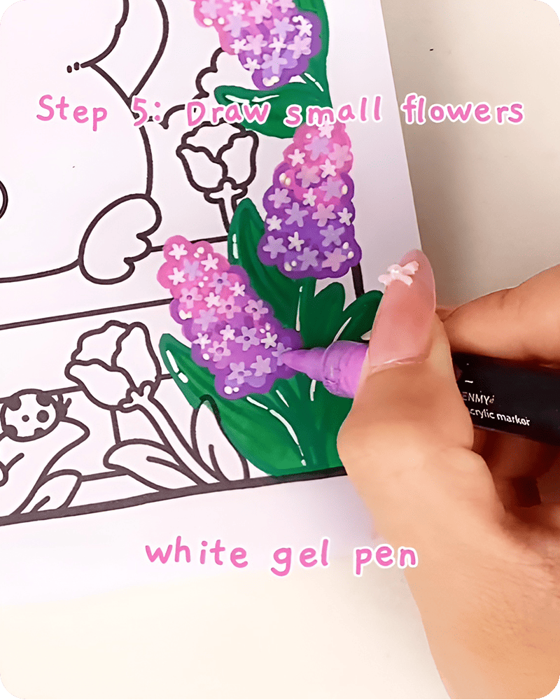 how to draw a hyacinth flower step by step adding dark purple dots as flower centers to complete hyacinth drawing