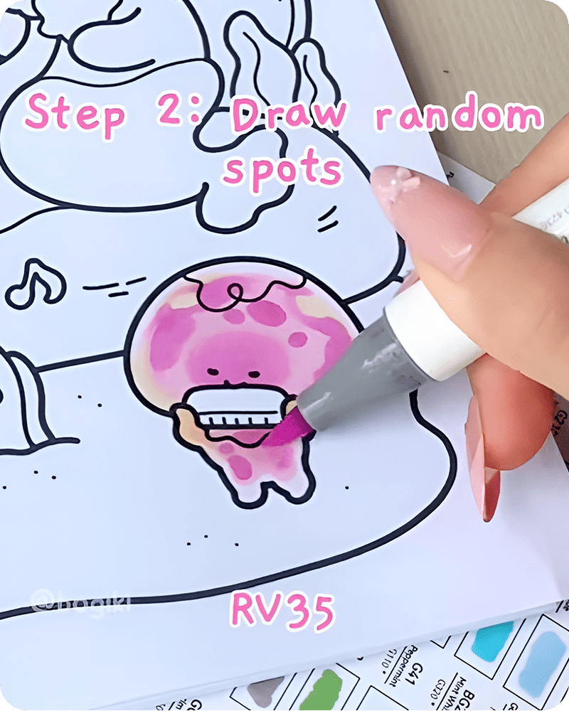 Drawing random RV35 spots in how to draw a jellyfish step by step, creating natural texture and soft variation for a cute and organic jellyfish drawing style