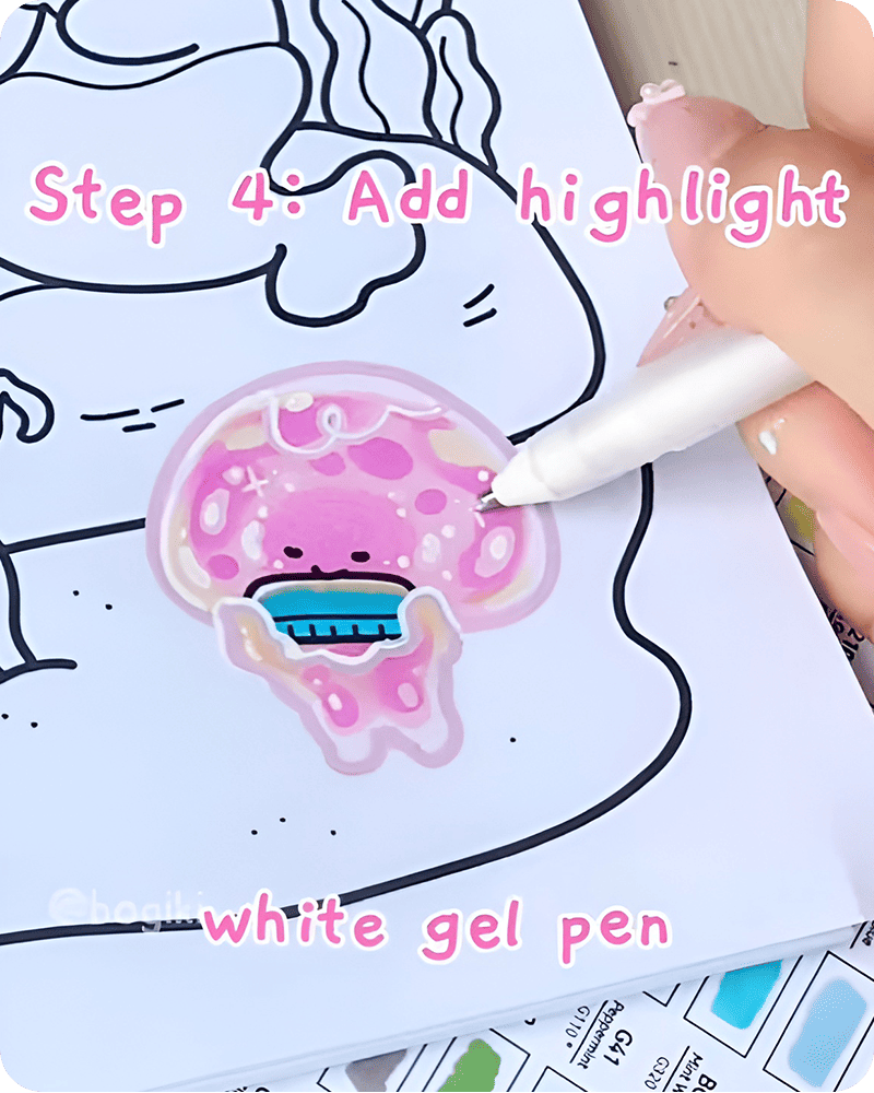 Using white gel pen highlights in how to draw a jellyfish step by step, adding tiny sparkling details to complete a soft, glowing, and cute jellyfish drawing