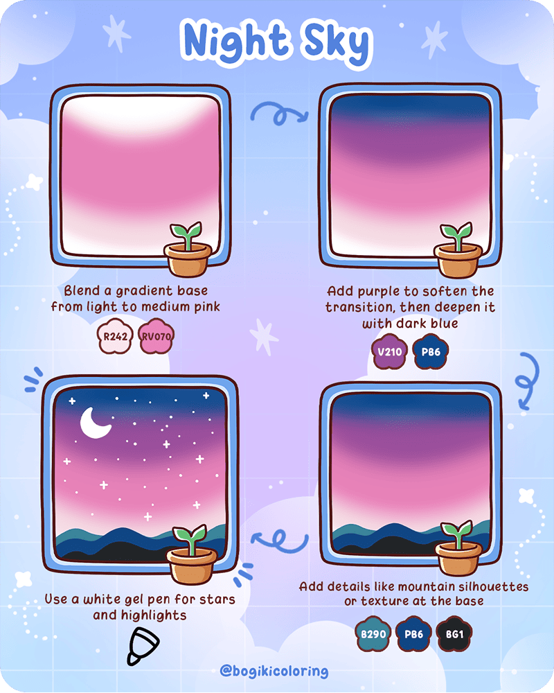 How to draw a night sky step by step showing a soft pink, purple, and blue gradient sky with stars
