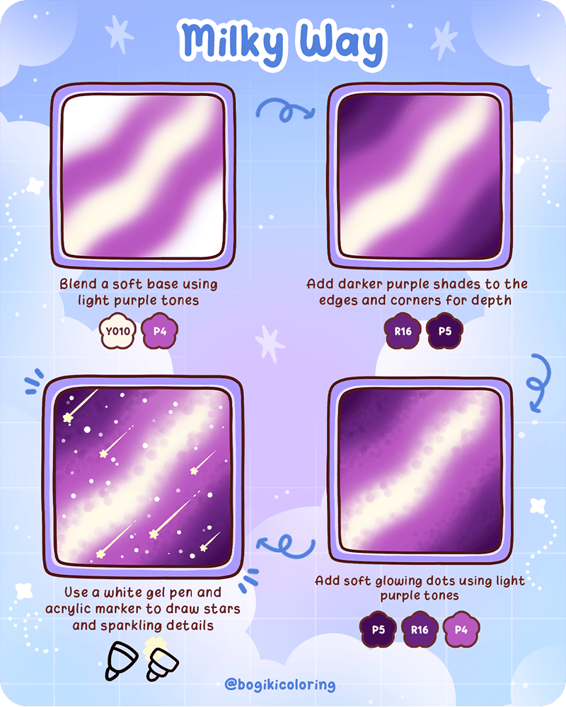 How to draw a night sky step by step with the Milky Way galaxy, glowing stars, and layered purple tones
