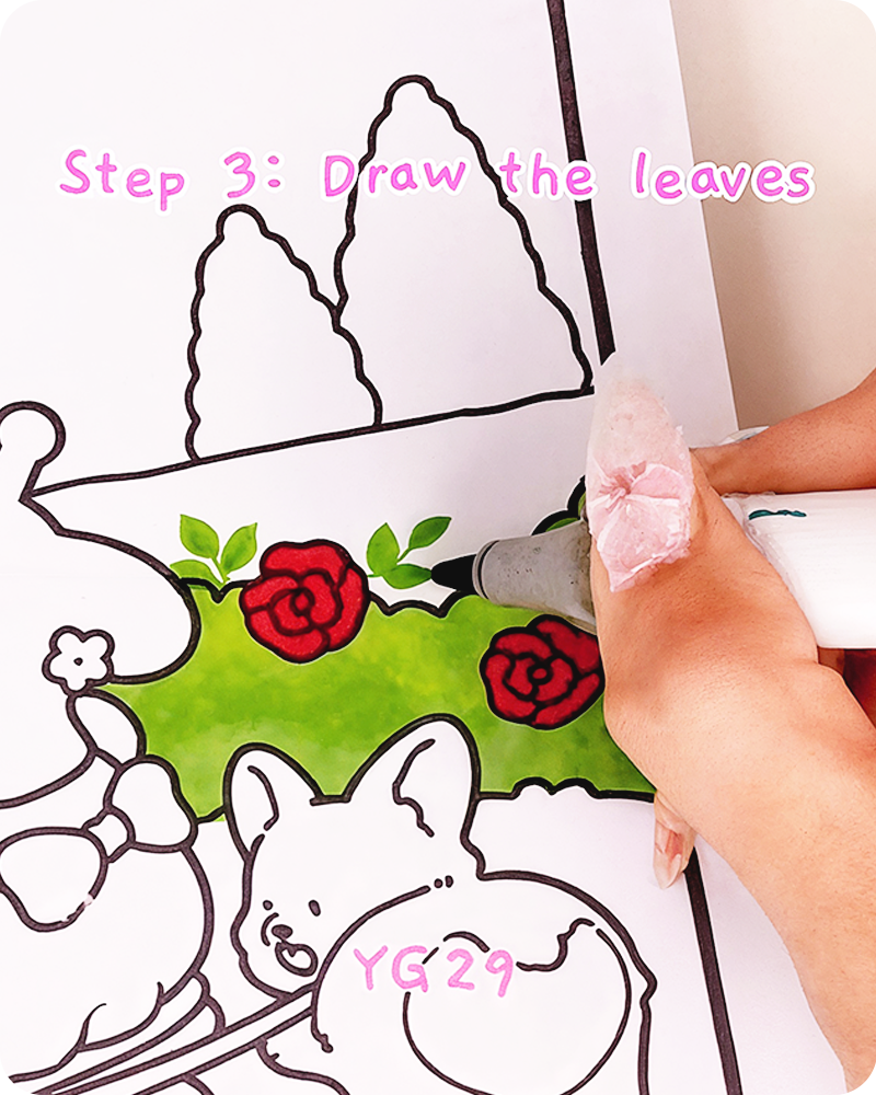 drawing extra leaf branches around the rose bush