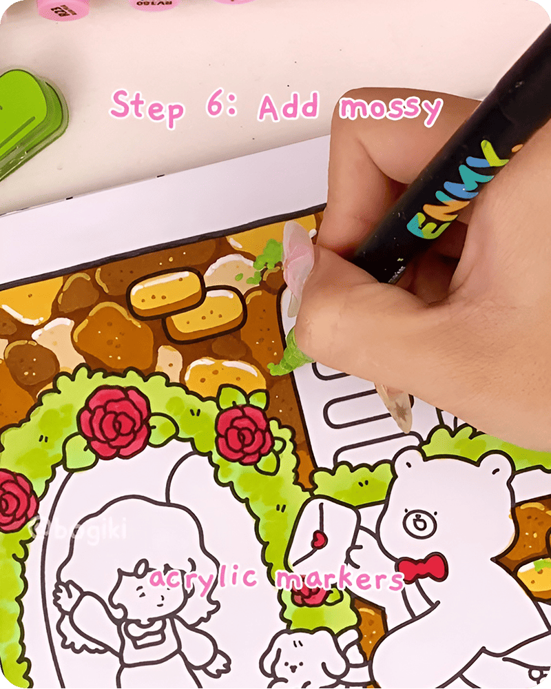 simple stone wall drawing adding green moss and small plants between stones for natural organic finishing touch