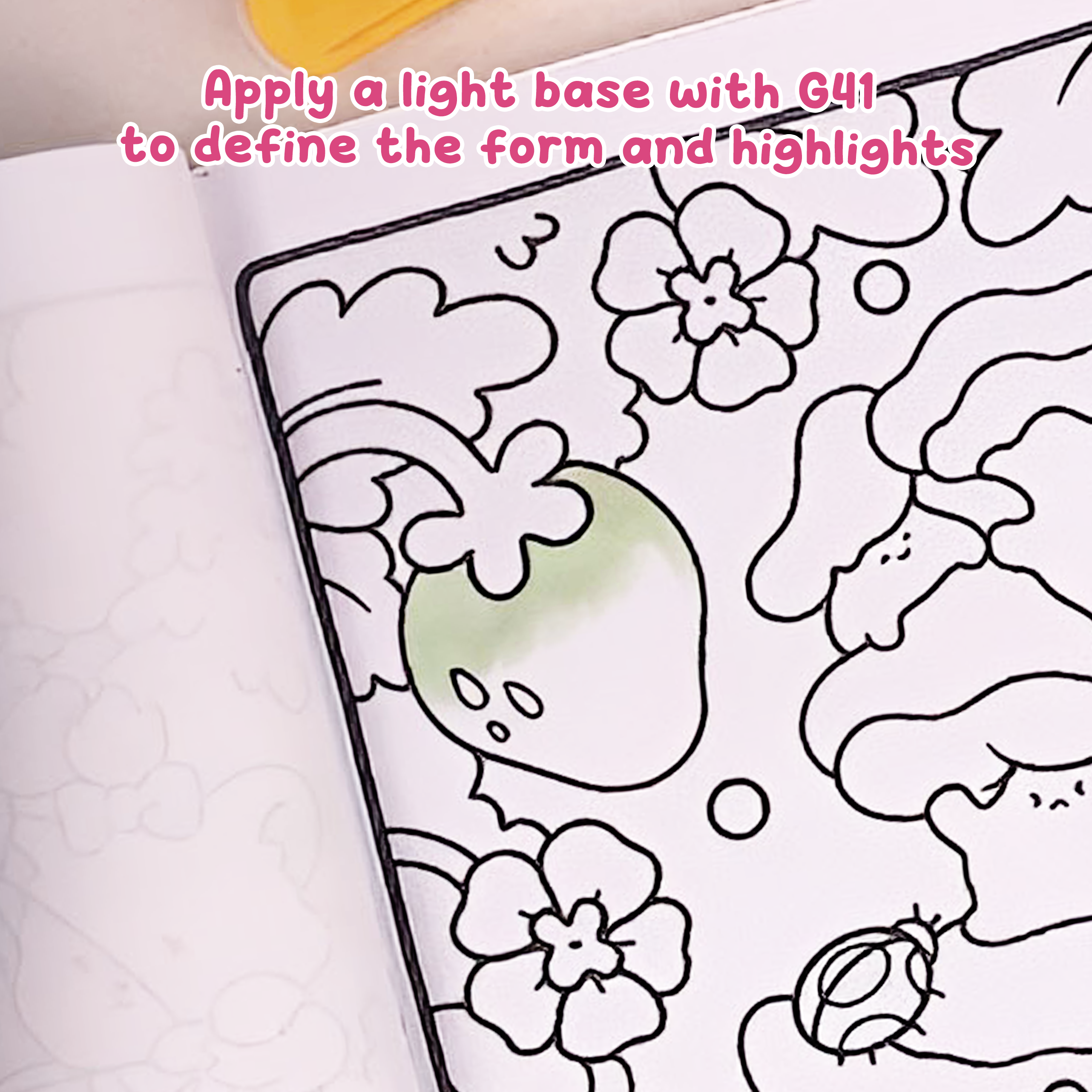 Light green base on strawberry top using G41, soft strokes showing highlight areas, how to draw a strawberry step by step easy