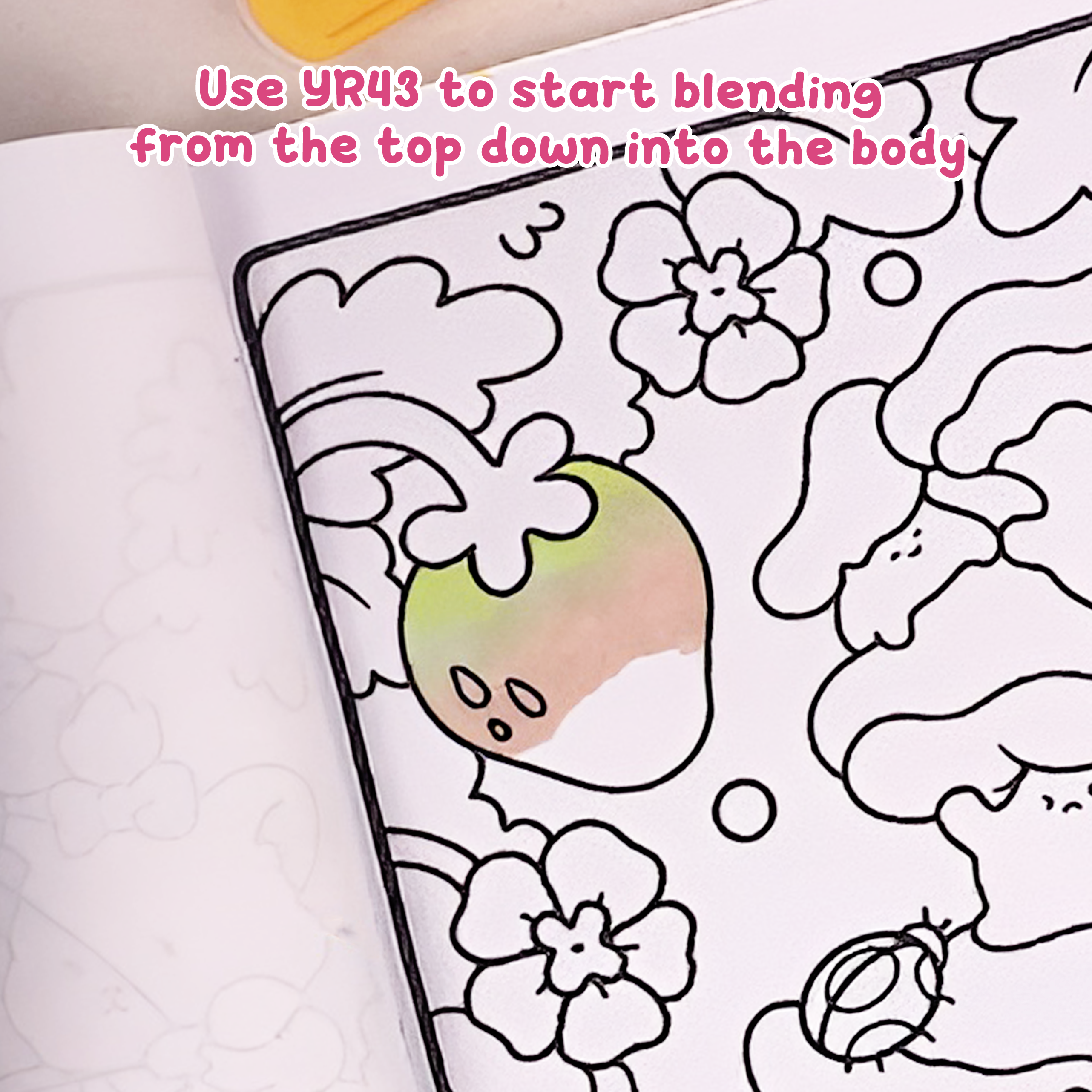 Blending green into beige with YR43 for smooth transition on strawberry, how to draw a strawberry step by step easy guide