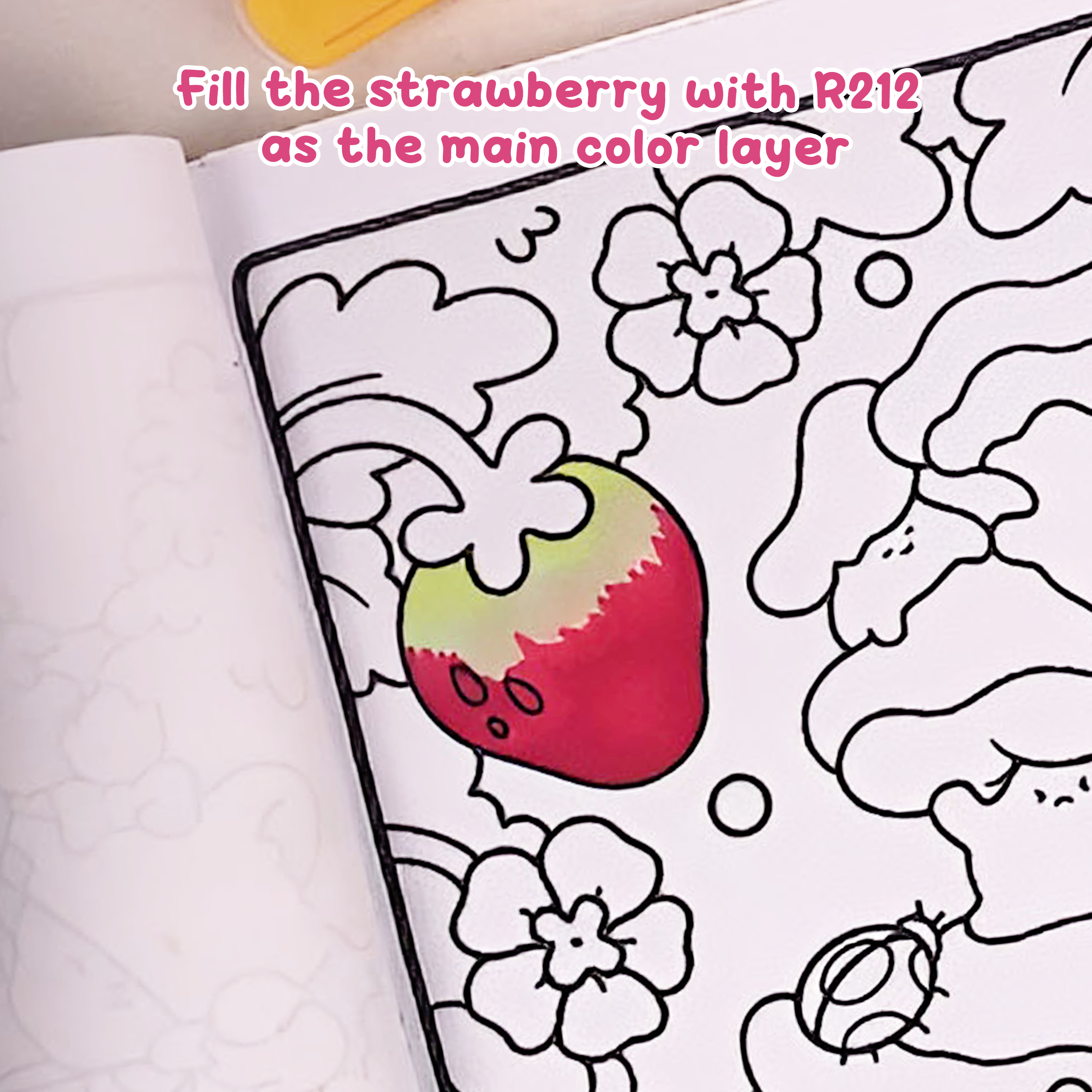 Filling strawberry body with red R212 evenly, smooth base layer, how to draw a strawberry step by step easy tutorial