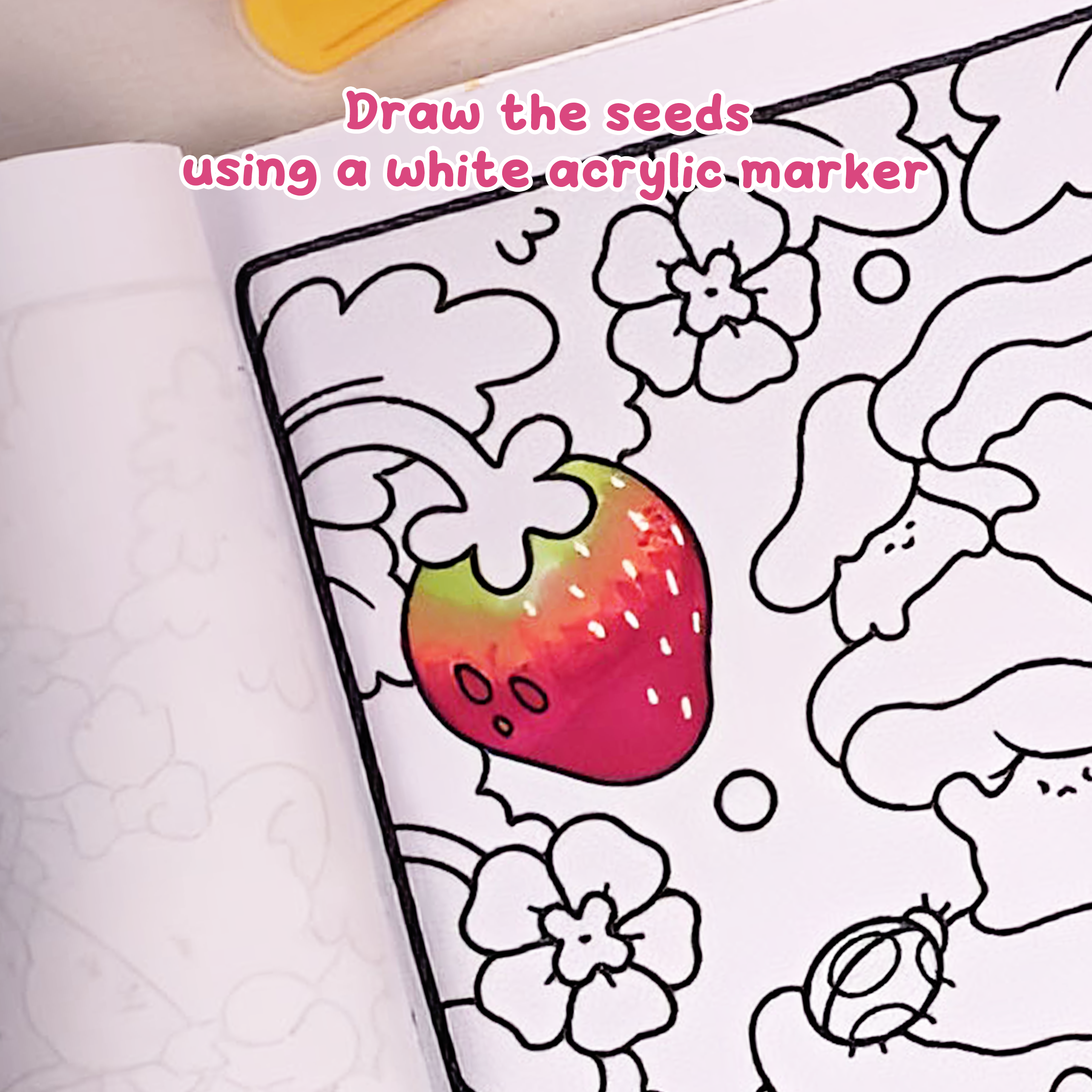 Adding small white seeds on strawberry with acrylic marker, natural spacing, how to draw a strawberry step by step easy