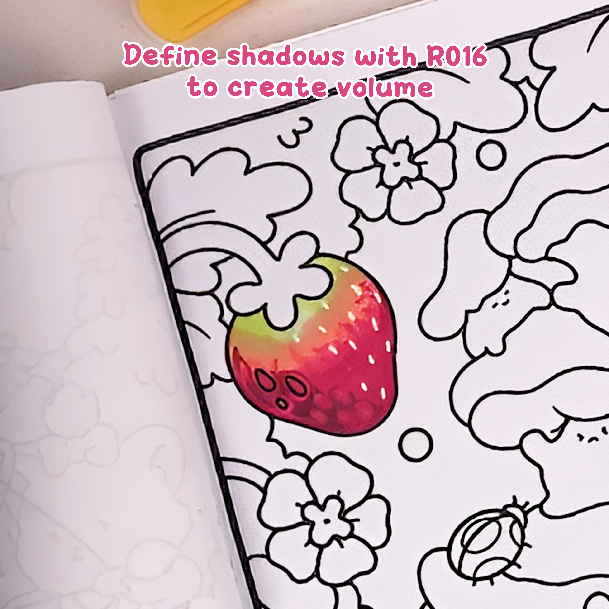 Dark red shading with R016 to create depth on strawberry surface, how to draw a strawberry step by step easy