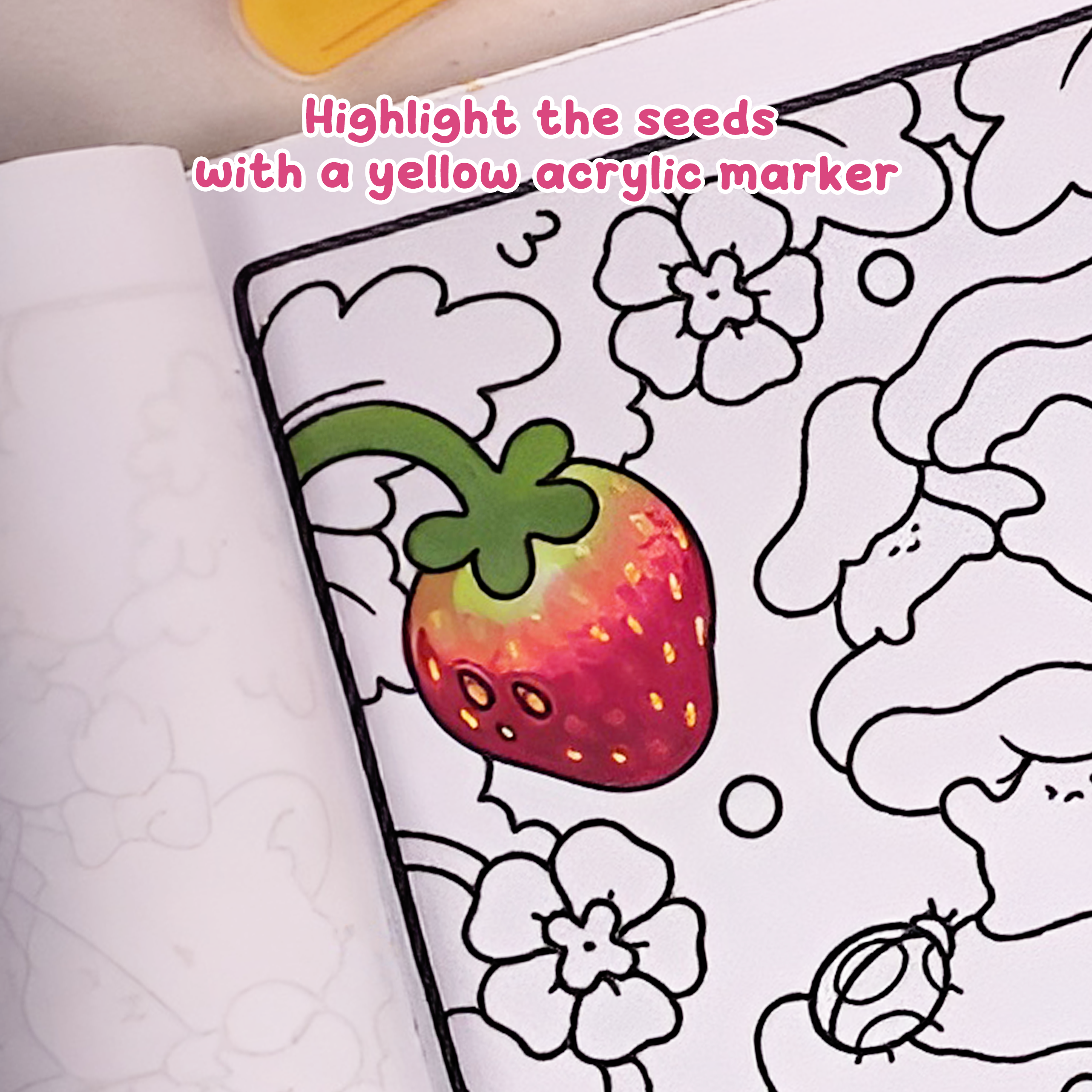 Yellow highlights on strawberry seeds adding warmth and glow, how to draw a strawberry step by step easy guide