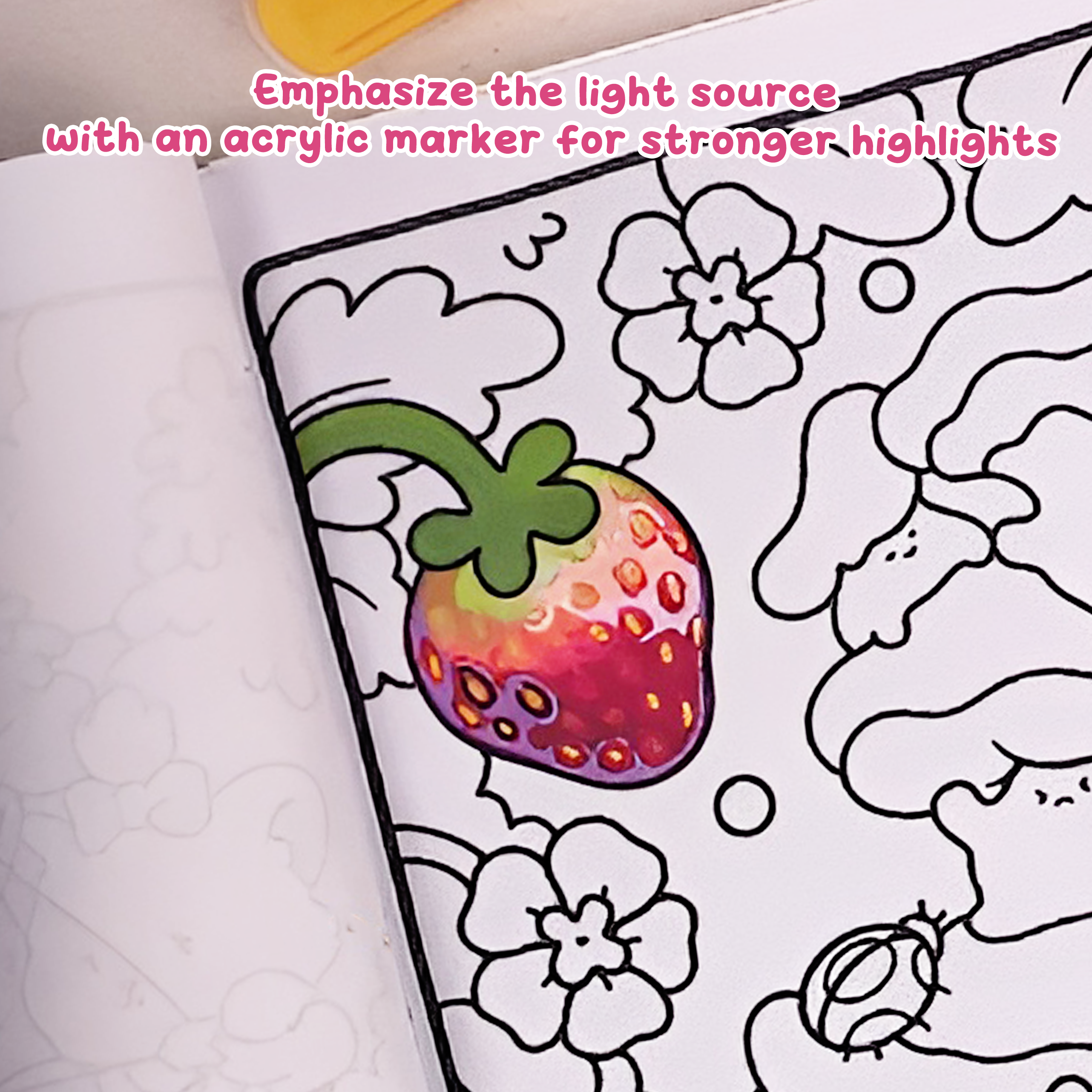 Enhancing bright highlights on strawberry using acrylic marker, defining light source, how to draw a strawberry step by step easy