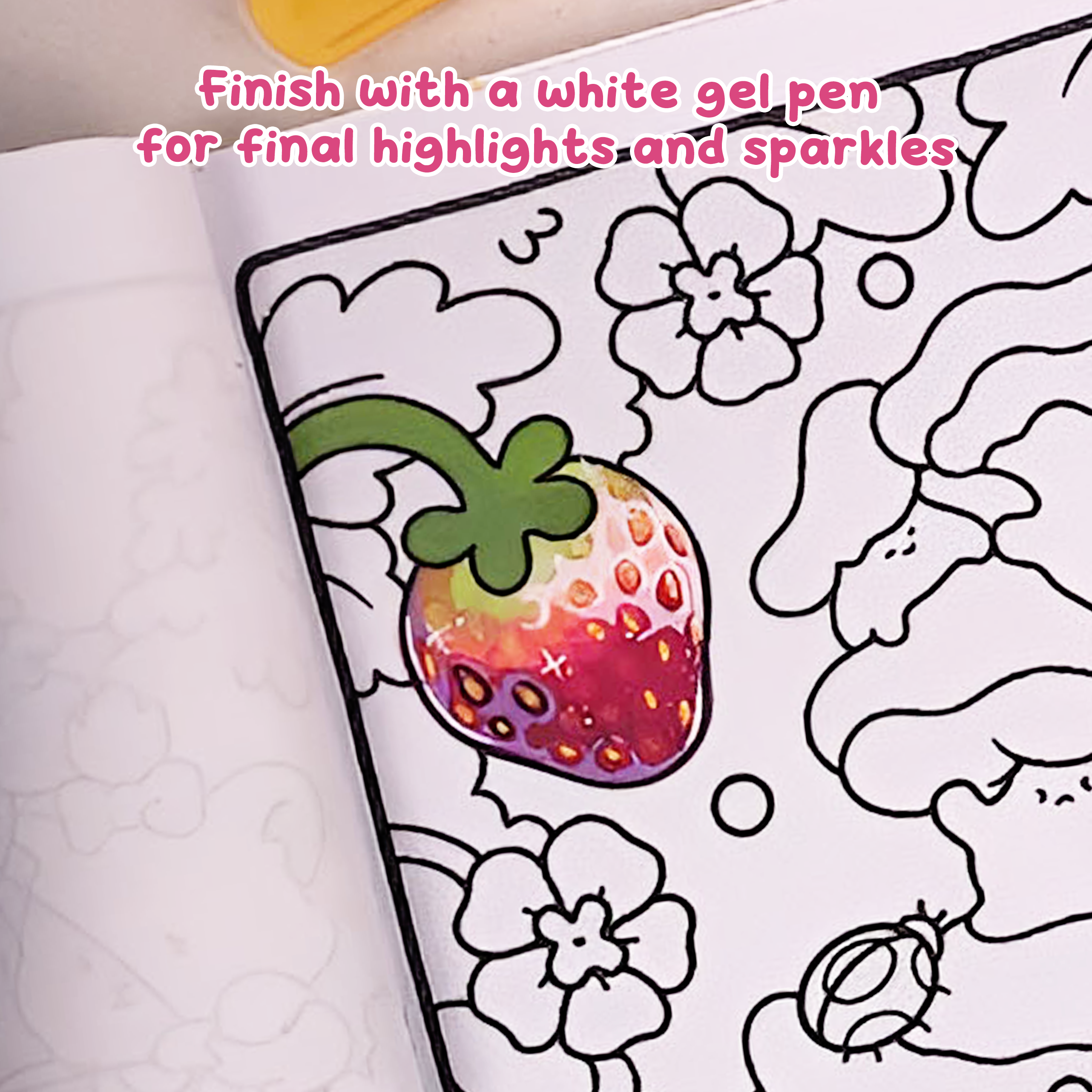 Final sparkle details with white gel pen on strawberry surface, soft finish, how to draw a strawberry step by step easy