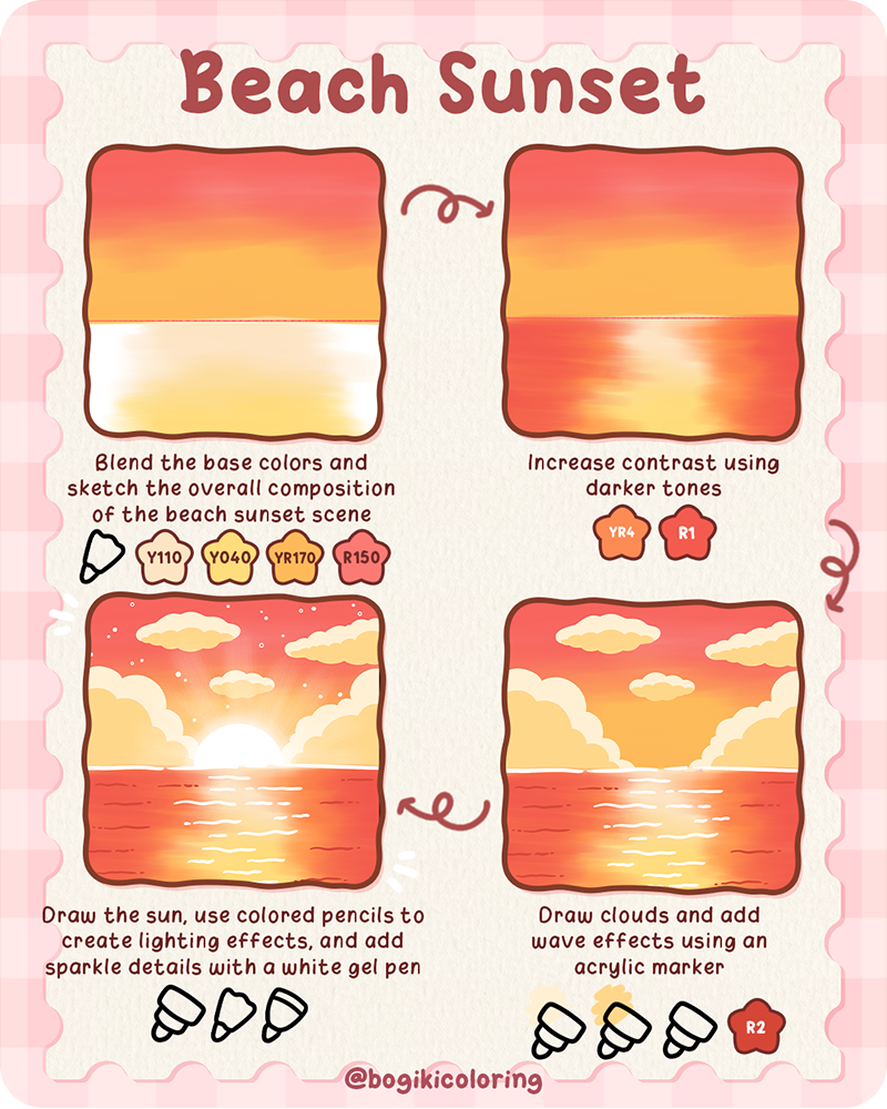 how to draw a beach sunset step by step with soft orange sky, calm waves, and glowing sun for beginners
