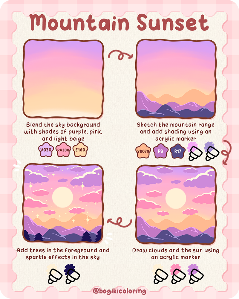 mountain sunset drawing with soft purple sky, layered hills, and glowing sun in a cozy beginner style
