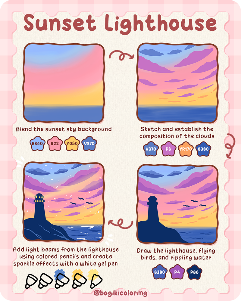 lighthouse sunset drawing with warm sky gradient, flying birds, and glowing light beams easy for beginners