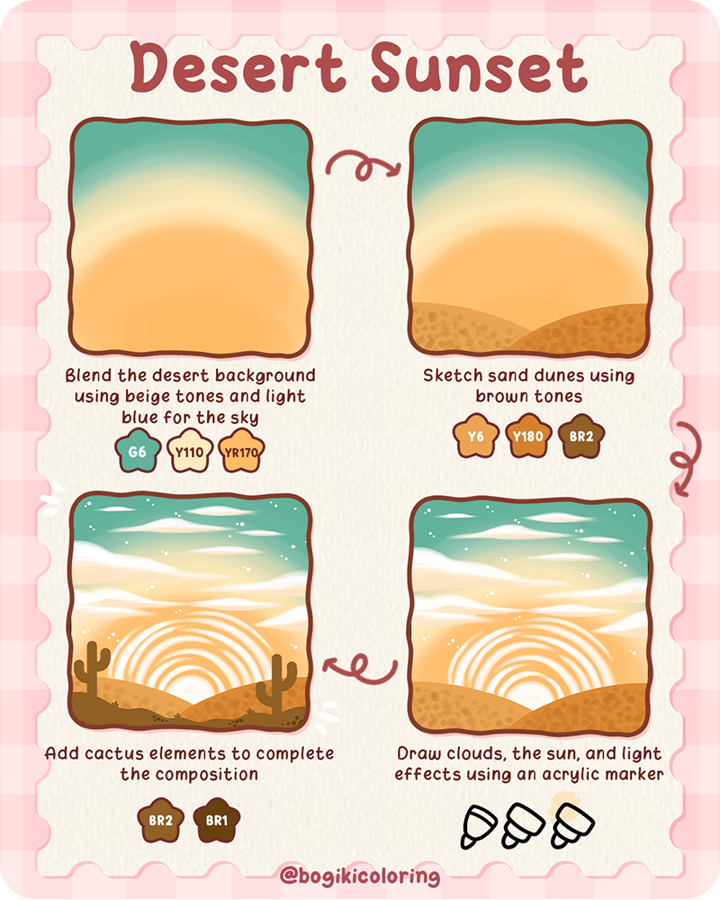 easy desert sunset drawing with soft sand dunes, cactus silhouettes, and warm glowing sky step by step
