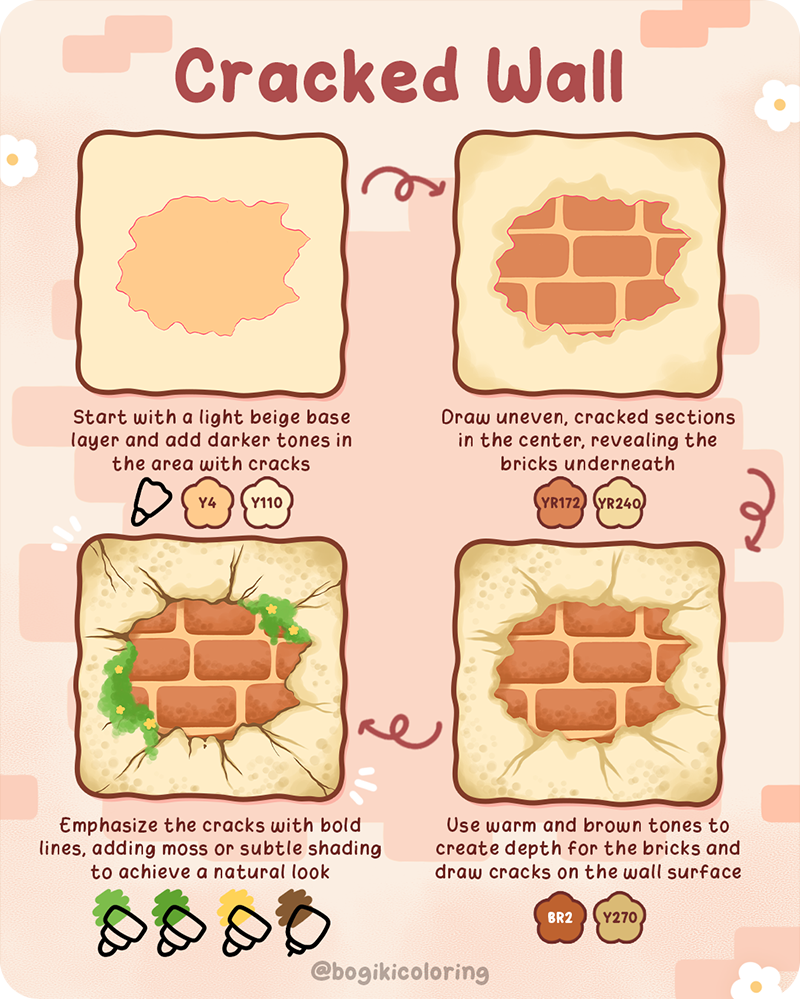How to draw a cracked wall step by step with hidden bricks and soft shading for beginners
