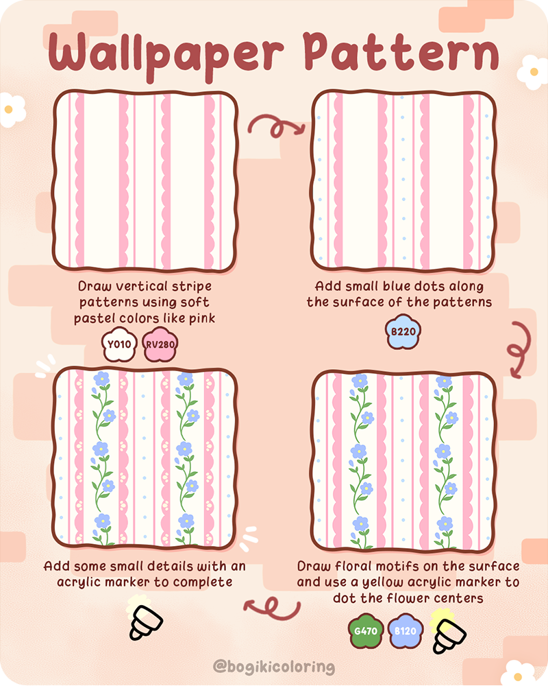 How to draw a wallpaper pattern wall with stripes dots and flowers for cozy room backgrounds