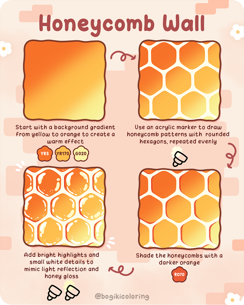 How to draw a honeycomb wall pattern step by step with warm colors and soft highlights