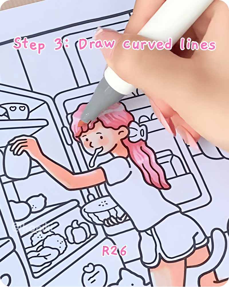Drawing soft curved lines with R26 in how to draw anime hair step by step, creating gentle flow and texture that makes the anime hair look natural and dynamic