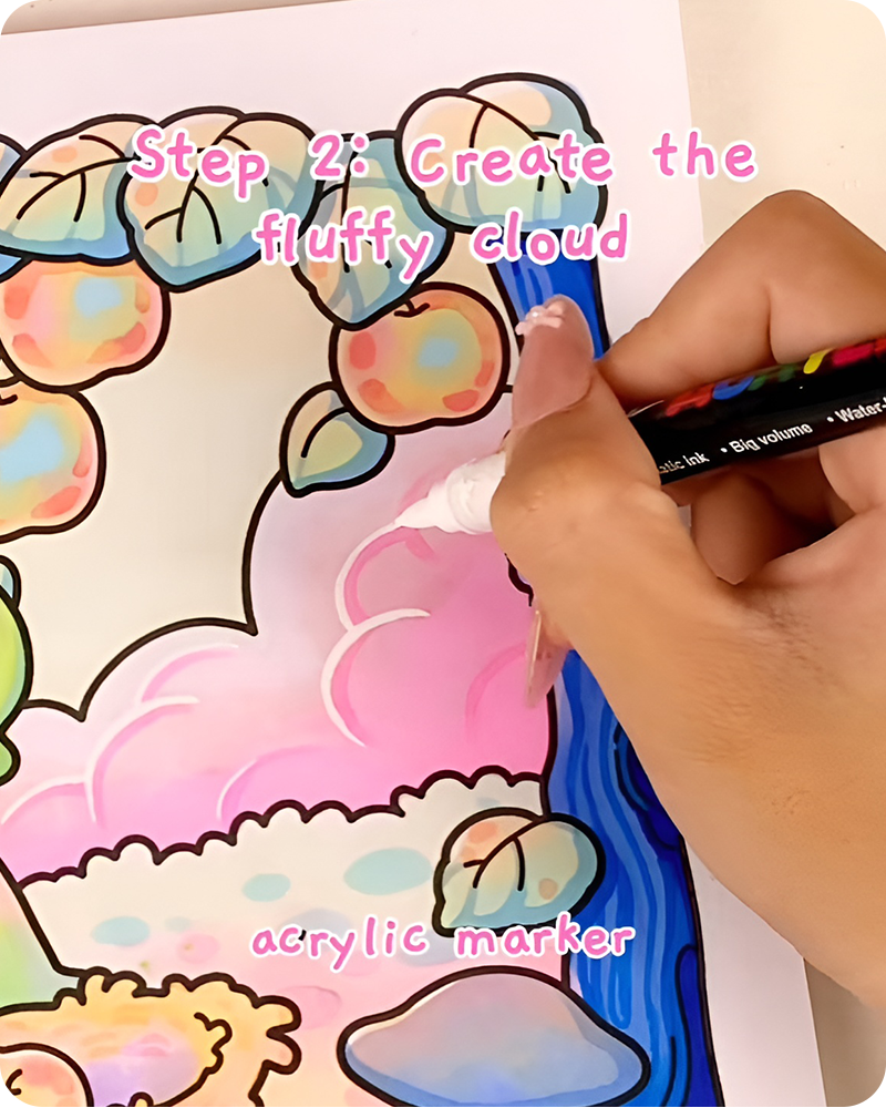 Adding acrylic highlights to cotton candy clouds drawing for airy soft light effect and fluffy look