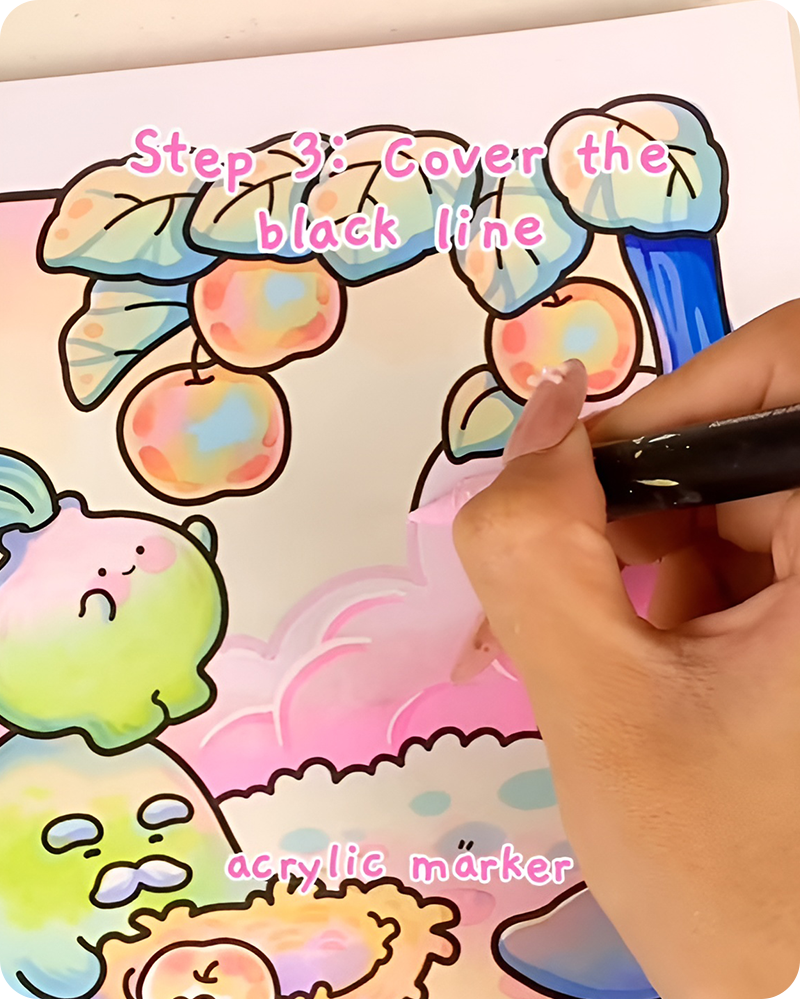 Covering black outlines with pink acrylic marker in how to draw cotton candy clouds for smoother edges