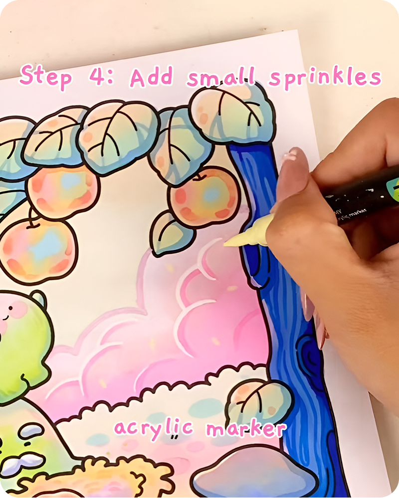 Adding colorful sprinkles to cotton candy clouds drawing using acrylic markers for playful details