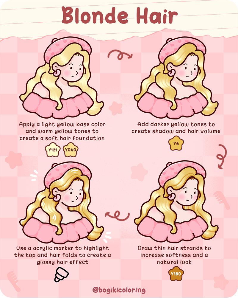 How to draw blonde hair step by step with soft layers, yellow shading, and highlights for a natural glowing look
