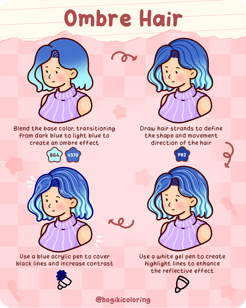 How to draw ombre hair step by step with smooth blue gradient blending and soft highlight details for depth
