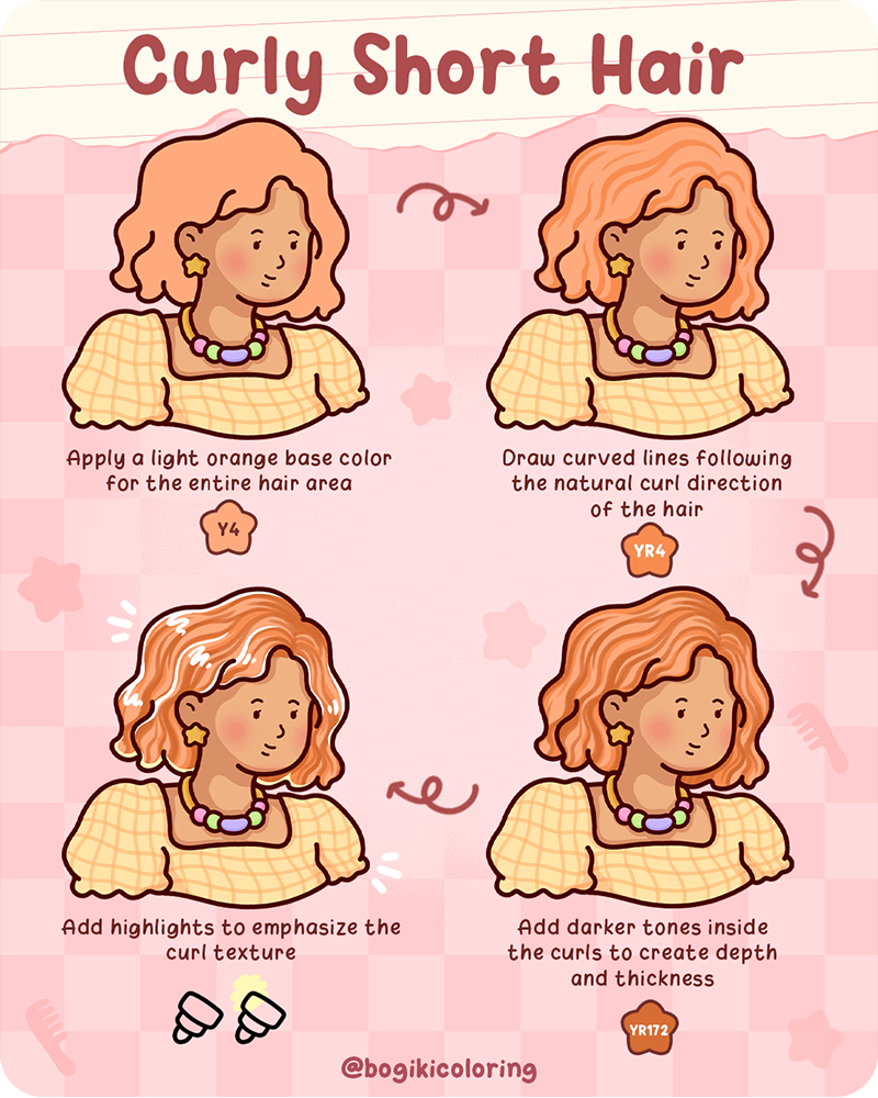 How to draw short curly hair step by step with soft waves, warm tones, and natural highlights for texture